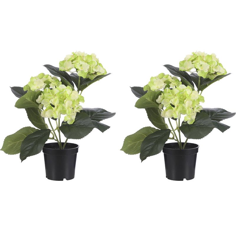 Foto van 2x stuks creme groene hydrangea/hortensia kunstplant 32 cm in pot - kunstplanten