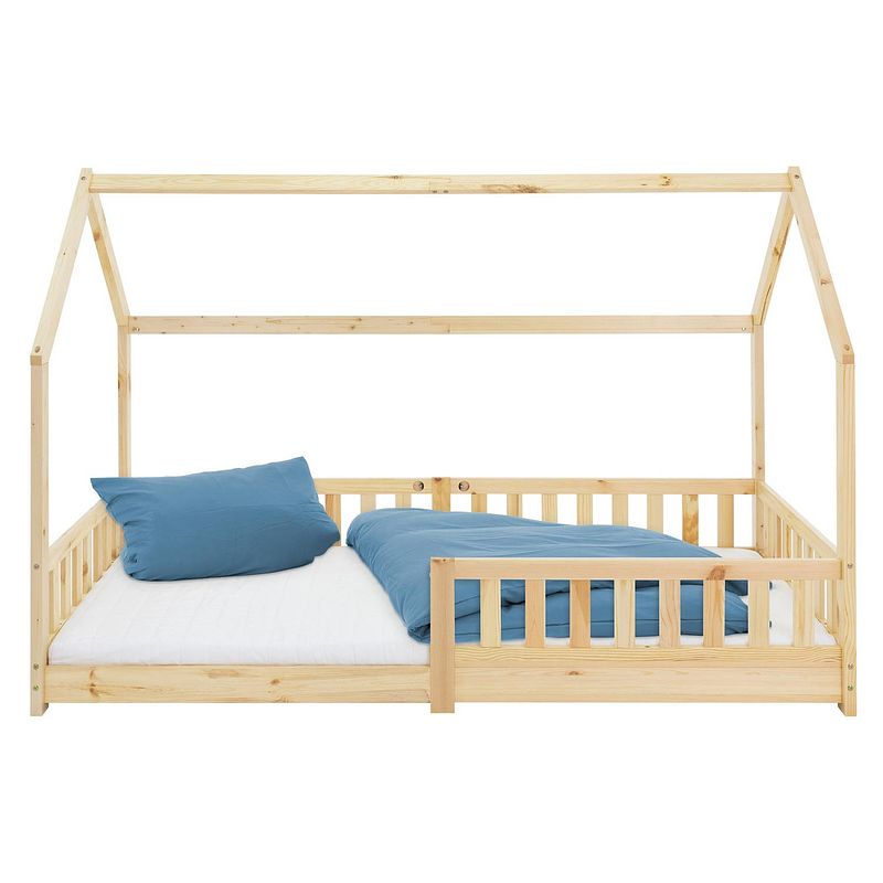 Foto van Kinderbed met uitvalbeveiliging lattenbodem en dak 200x90 cm dennenhout naturel ml-design