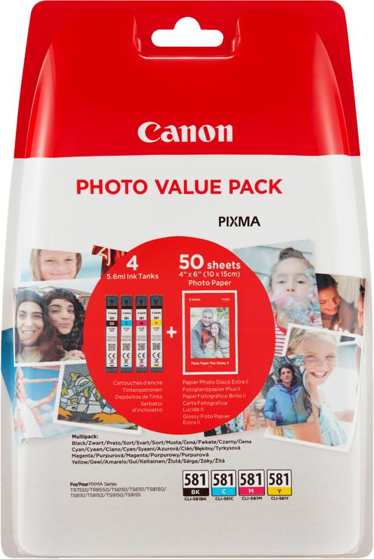 Foto van Canon cli-581 4-pack met fotopapier zwart en kleur cartridge