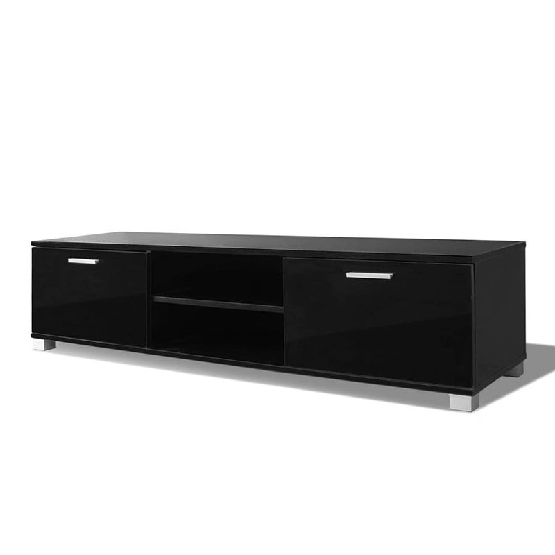 Foto van The living store tv-meubel hoogglans zwart 140x40.3x34.7cm - bewerkt hout en mdf - inclusief 2 schappen en 2 vakken met