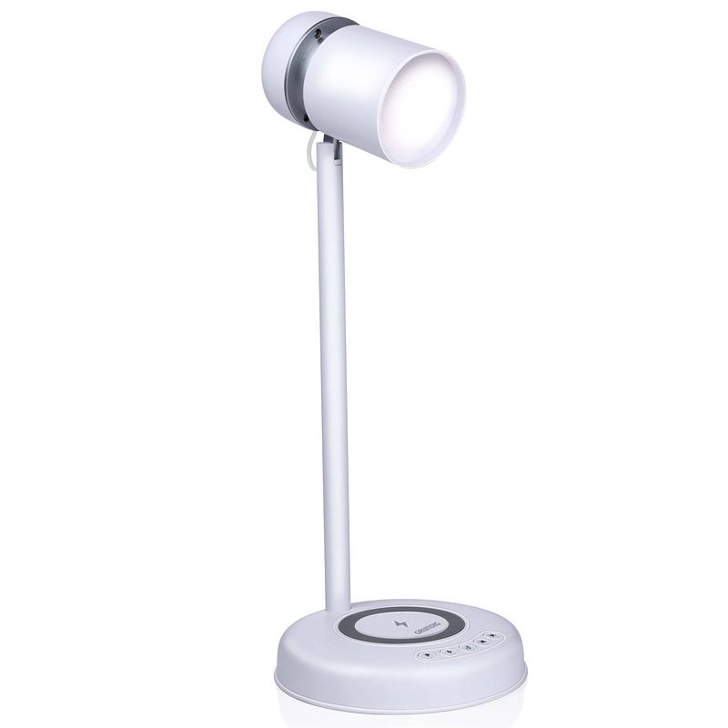 Foto van Grundig bureaulamp led 3-in-1 - qi technologie - draadloze telefoonoplader - bluetooth speaker - 4 standen - wit