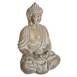 Foto van Atmosphera boeddha beeld zittend - binnen/buiten - kunststeen - beige gebleekt - 39 cm - beeldjes