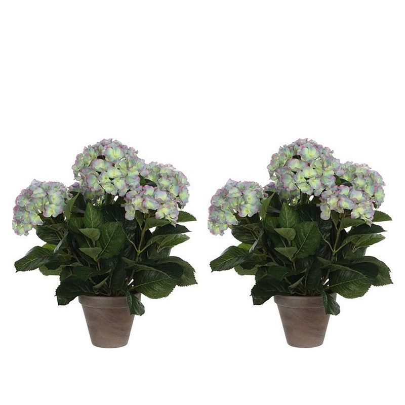 Foto van 2x groene/paarse hortensia kunstplanten 45 cm in pot - kunstplanten