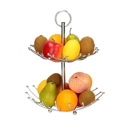 Foto van 2-laags fruitschaal/fruitmand rond zilver metaal 36 cm - fruitschalen