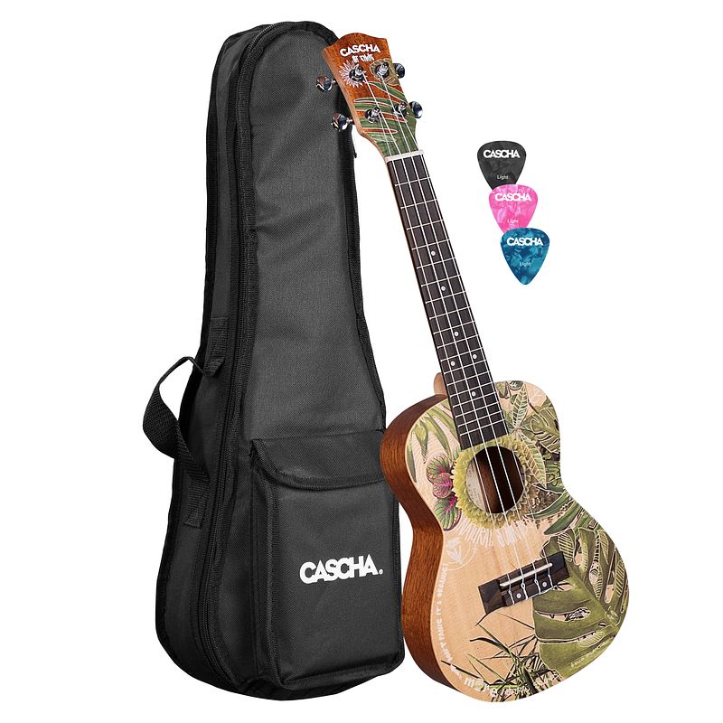 Foto van Cascha hh 2606 art series leafy concert ukelele massief spar bovenblad met gigbag