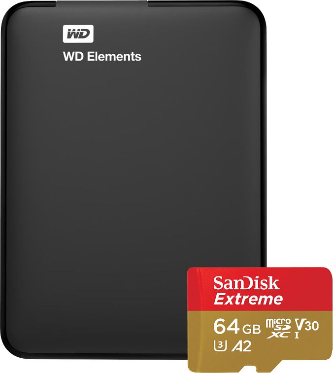 Foto van Wd elements portable 5tb + sandisk microsdxc extreme 64gb