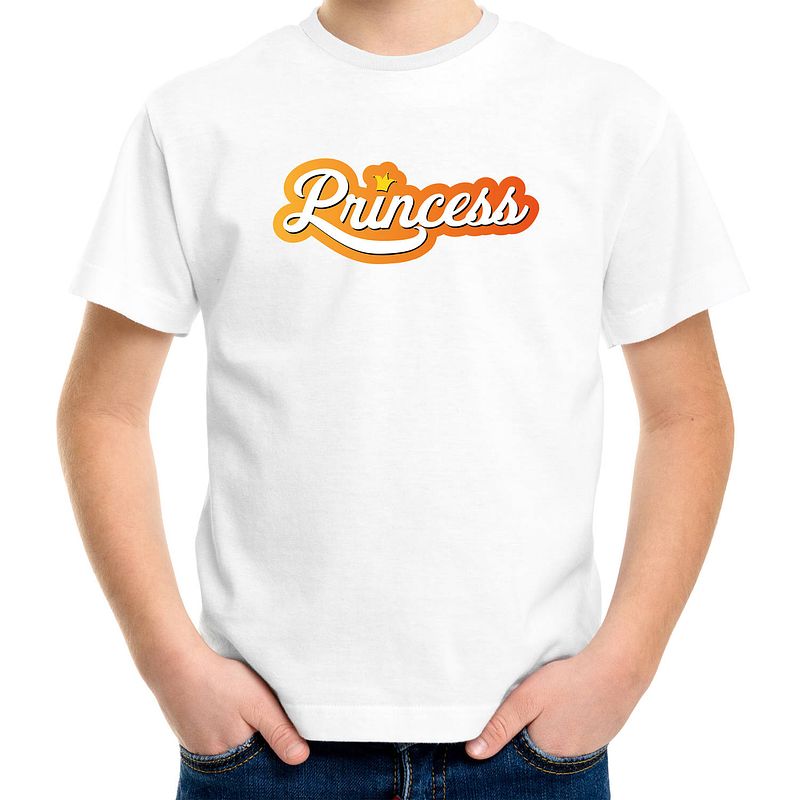 Foto van Koningsdag shirt wit voor kinderen - princess met kroon xl (158-164) - feestshirts