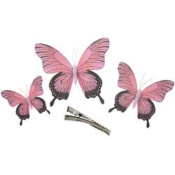 Foto van 3x stuks decoratie vlinders op clip - roze - 3 formaten - 12/16/20 cm - hobbydecoratieobject