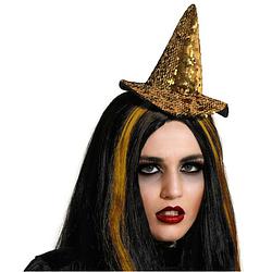 Foto van Halloween heksenhoed - mini hoedje op diadeem - one size - goud glitter - meisjes/dames - verkleedhoofddeksels