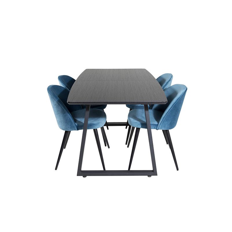 Foto van Incablbl eethoek eetkamertafel udtræksbord længde cm 160 / 200 zwart en 4 velvet eetkamerstal velours blauw, zwart.