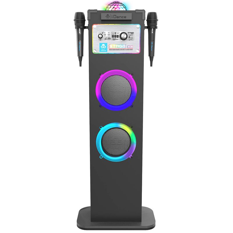 Foto van Idance stage303v2 karaoke set - bluetooth party speaker - discolichten, discobol - kinderen en volwassenen - microfoons