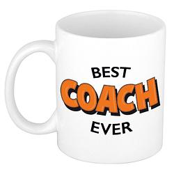 Foto van Best coach ever cadeau mok / beker wit met oranje cartoon letters 300 ml - feest mokken