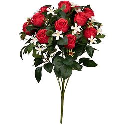 Foto van Louis maes kunstbloemen boeket rozen/bloesem met bladgroen - rood - h49 cm - bloemstuk - kunstbloemen