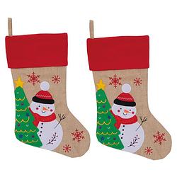 Foto van Set van 2x stuks kerstsok beige/rood met sneeuwpop print 46 cm - kerstsokken