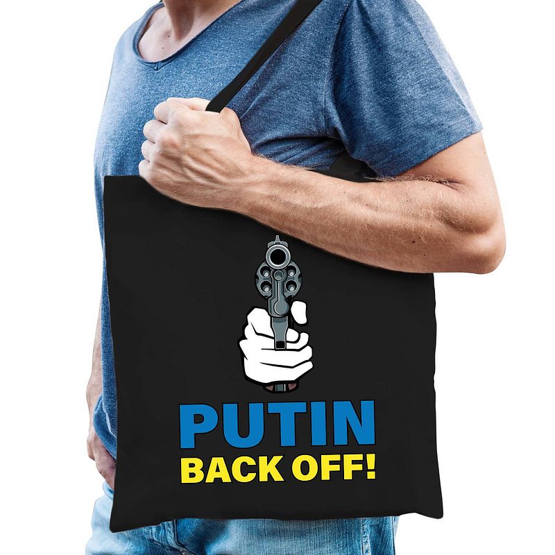 Foto van Putin back off / pistool tas zwart volwassenen - oekraine tasje met oekraiense vlag in letters - feest boodschappentasse