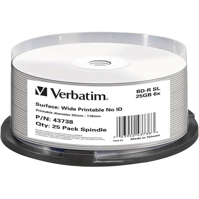 Foto van Verbatim 43738 blu-ray bd-r disc 25 gb 25 stuk(s) spindel bedrukbaar