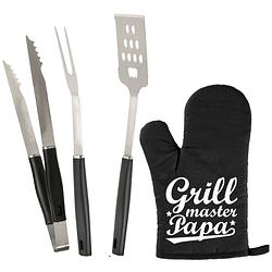 Foto van Bbq/barbecue gereedschap set 3-delig rvs met bbq handschoen grillmaster papa - barbecuegereedschapset