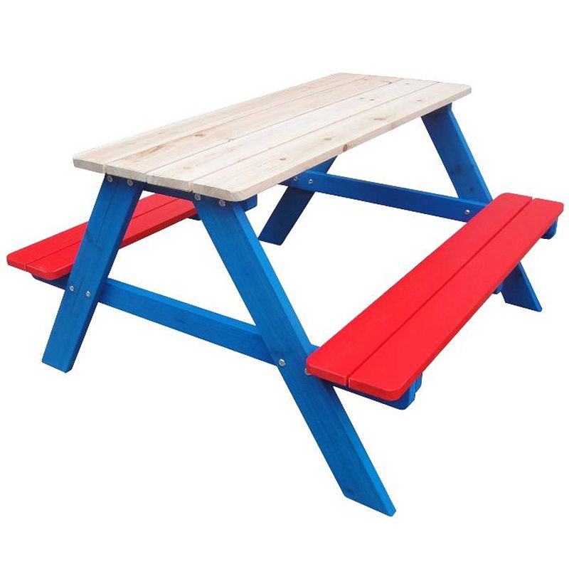 Foto van Picknicktafel, picknickbank kinderen, grenen hout, rood, wit, blauw