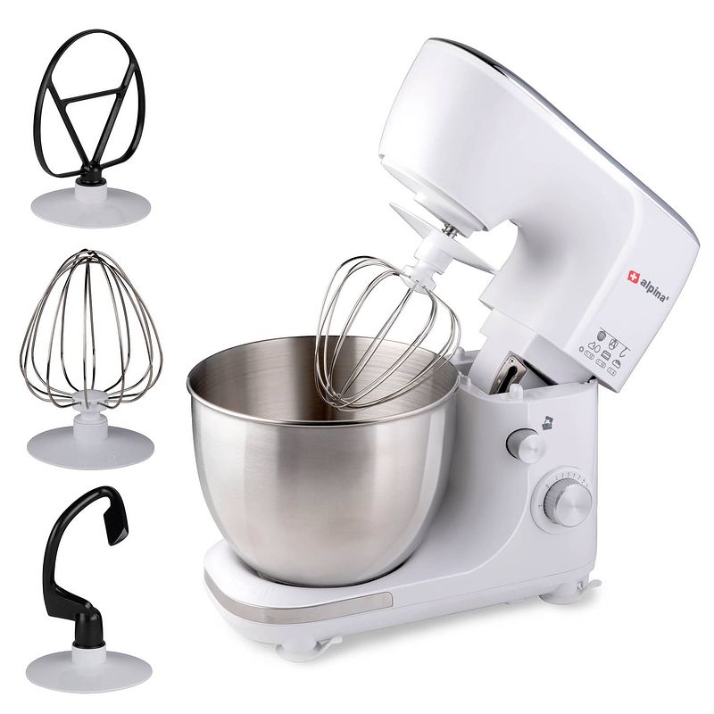 Foto van Alpina keukenmachine - 3 accessoires - roestvrijstalen kom - komverlichting - kneden, mixen, kloppen - wit