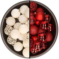 Foto van Kerstballen - 74x stuks - wol wit en rood - 6 cm - kunststof - kerstbal