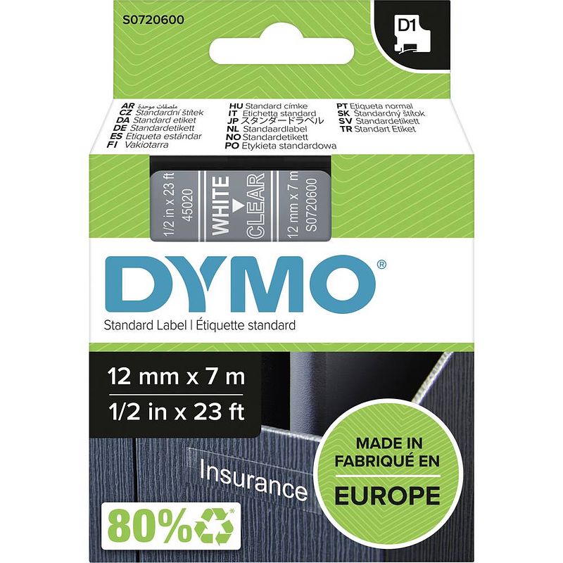 Foto van Dymo d1 tape 12 mm, wit op transparant