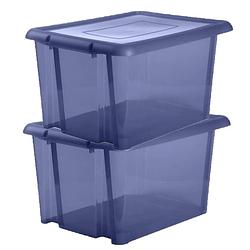 Foto van 2x stuks kunststof opbergboxen/opbergdozen donkerblauw transparant l65 x b50 x h36 cm stapelbaar - opbergbox