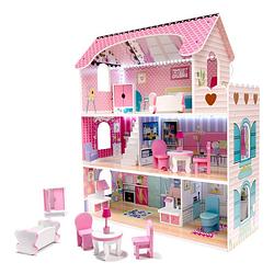 Foto van Zeer luxe grote houten poppenhuis/ speelhuis met meubels met led verlichting 70 cm roze