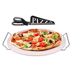 Foto van Pizzasteen bbq/oven rond keramiek 33 cm met handvaten en zwarte pizzaschaar - pizzaplaten