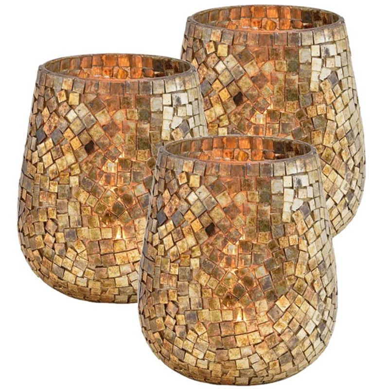 Foto van Set van 3x stuks glazen design windlicht/kaarsenhouder mozaiek champagne goud 15 x 13 cm - waxinelichtjeshouders