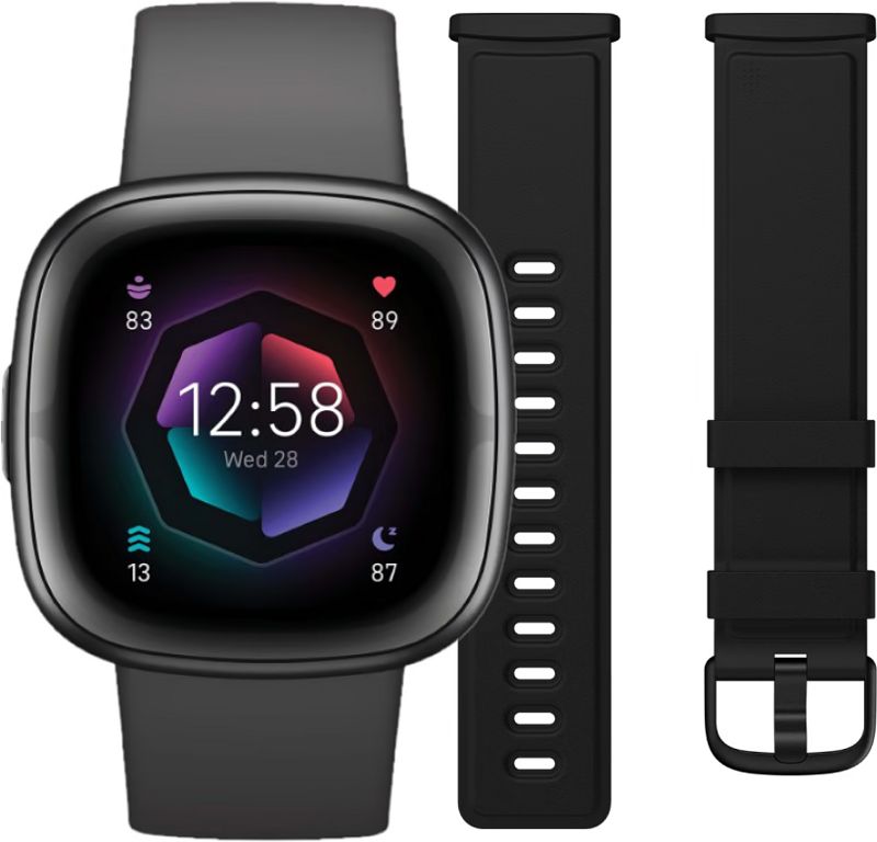 Foto van Fitbit sense 2 zwart + leren bandje zwart l