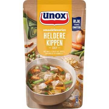 Foto van 2 zakken soep a 570 ml, pakken cupasoup a 3 stuks of single verpakkingen noodles of pasta | unox smaakfavoriet soep in zak heldere kippen 570ml aanbieding bij jumbo