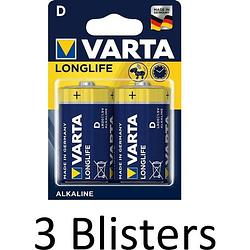 Foto van 6 stuks (3 blisters a 2 st) varta longlife alkaline d batterijen