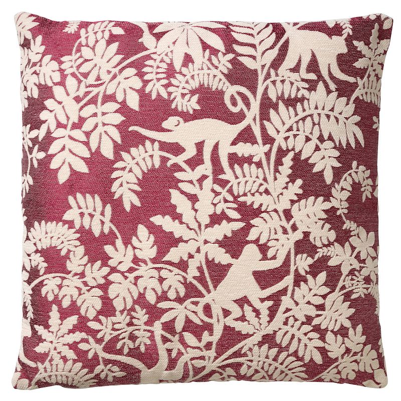 Foto van Dutch decor - abu - sierkussen 45x45 cm - merlot - rood - wit - aapjes - bladeren - botanisch