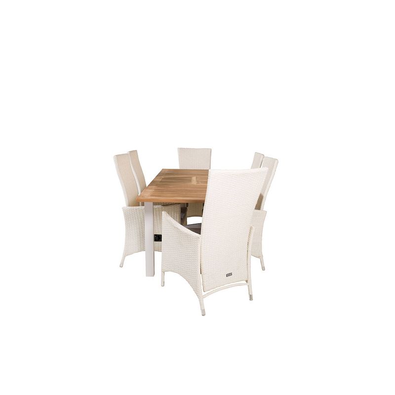 Foto van Panama tuinmeubelset tafel 90x152/210cm en 6 stoel padova wit, naturel.