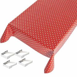 Foto van Tafelkleed/tafelzeil rood polkadot 140 x 245 cm met 4 klemmen - tafelzeilen
