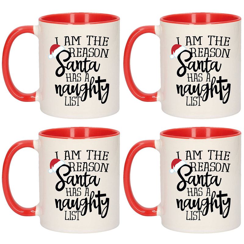 Foto van Set van 4x stuks i am the reason santa has a naughty list koffiemokken rood kerstcadeau 300 ml - bekers