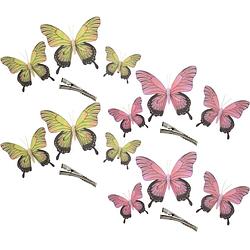 Foto van Othmar decorations decoratie vlinders op clip 12x stuks - geel/roze - 12/16/20 cm - hobbydecoratieobject