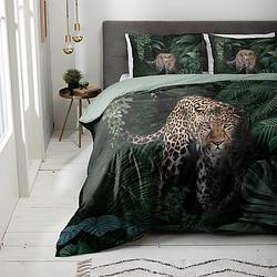 Foto van Dekbedovertrek jungle cheetah - lits-jumeaux (240x220 cm) - groen & roze microvezel katoen - dessin: dieren - luna - dekbed-discounter.nl