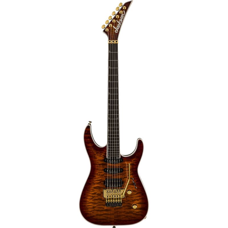 Foto van Jackson pro plus series soloist sla3q eb amber tiger eye elektrische gitaar met gigbag