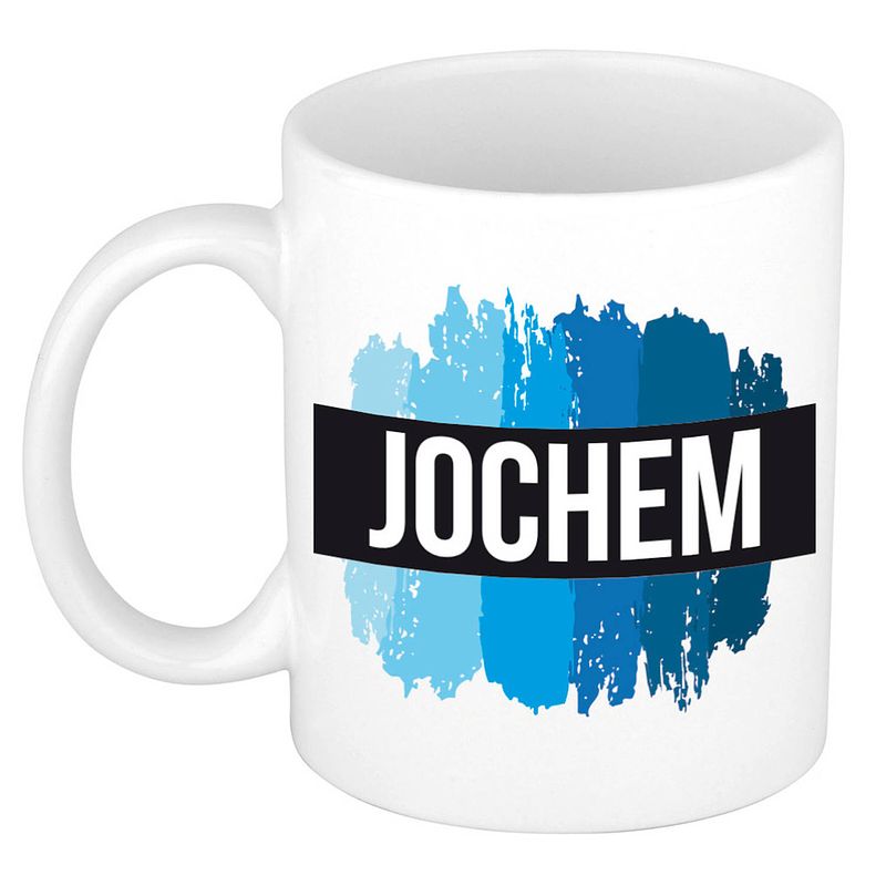 Foto van Naam cadeau mok / beker jochem met blauwe verfstrepen 300 ml - naam mokken