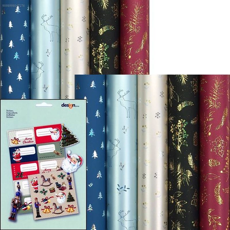 Foto van Alaska - metallic kerstpapier assortiment cadeaupapier voor kerstmis - 150 x 70 cm - 10 rollen - inclusief labels