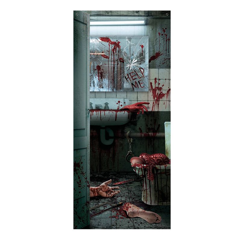 Foto van Fiestas horror deur scenesetter/deurposter - bloederige badkamer - halloween thema versiering - 180 x 80 cm - feestdeurd