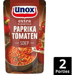 Foto van Unox extra rijkgevuld soep in zak paprika tomaten 570ml aanbieding bij jumbo | 2 stazakken 570 ml