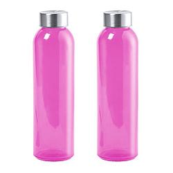 Foto van 2x stuks glazen waterfles/drinkfles fuchsia roze transparant met rvs dop 550 ml - drinkflessen