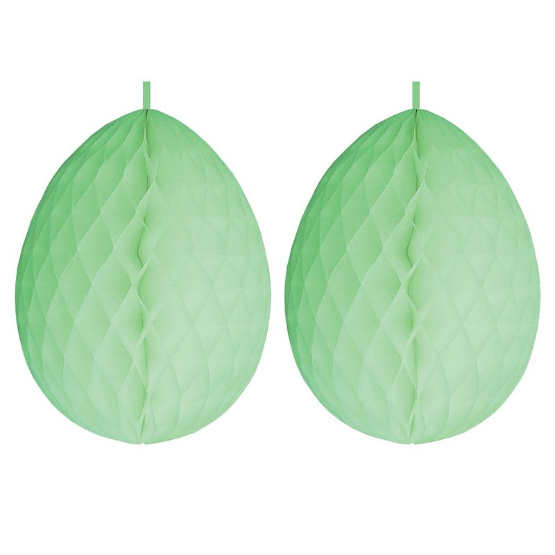 Foto van 3x stuks hangdecoratie honeycomb paaseieren pastel groen van papier 30 cm - feestdecoratievoorwerp