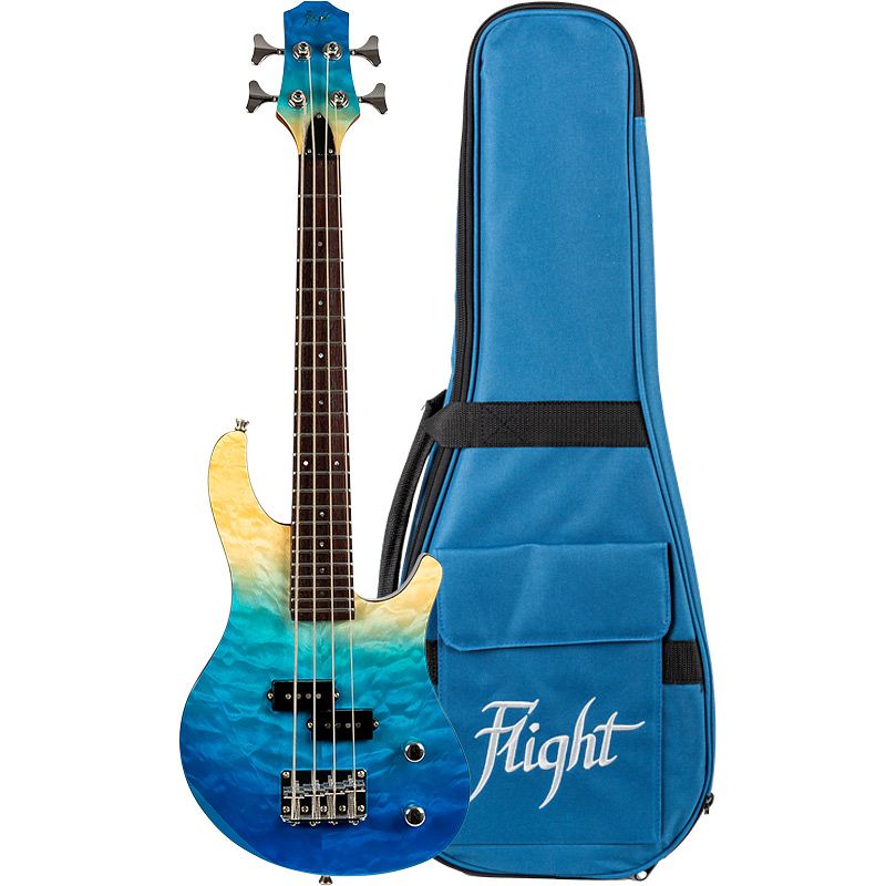 Foto van Flight rock series mini bass ukulele transparent blue solid body elektrische bas-ukelele met deluxe gigbag