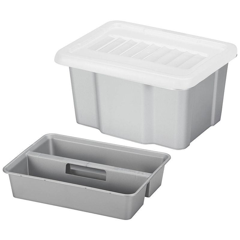 Foto van Sunware opslagbox kunststof 24 liter lichtgrijs 42 x 33 x 22 cm met deksel en organiser tray - opbergbox