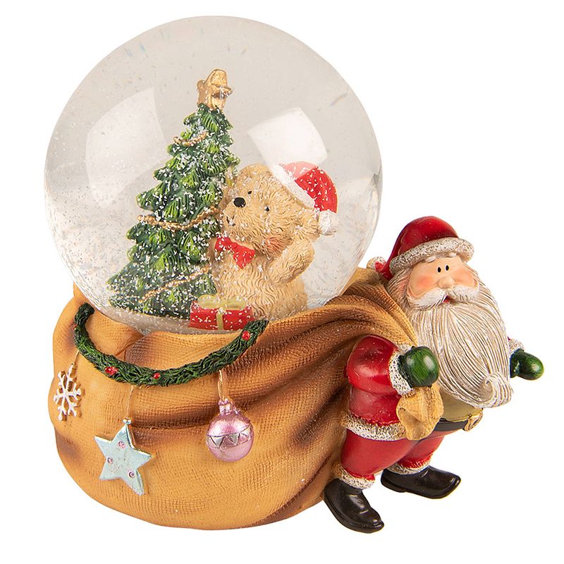 Foto van Clayre & eef sneeuwbol kerstman 14*10*14 cm bruin rood kunststof glas snowglobe kerstdecoratie kerstversiering bruin