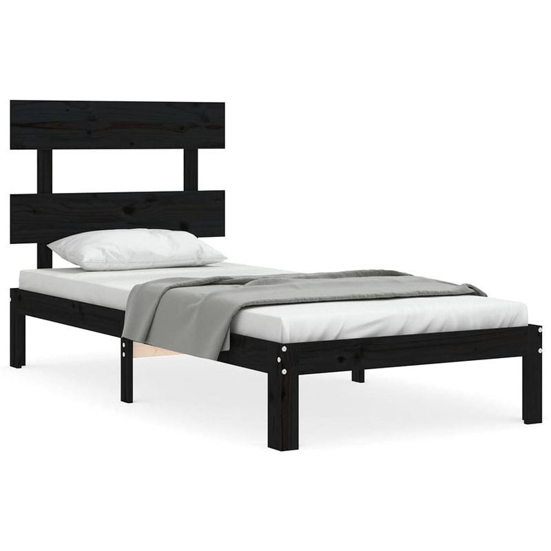 Foto van The living store massief grenenhouten bedframe - zwart - 203.5 x 93.5 x 81 cm - multiplex lattenbodem