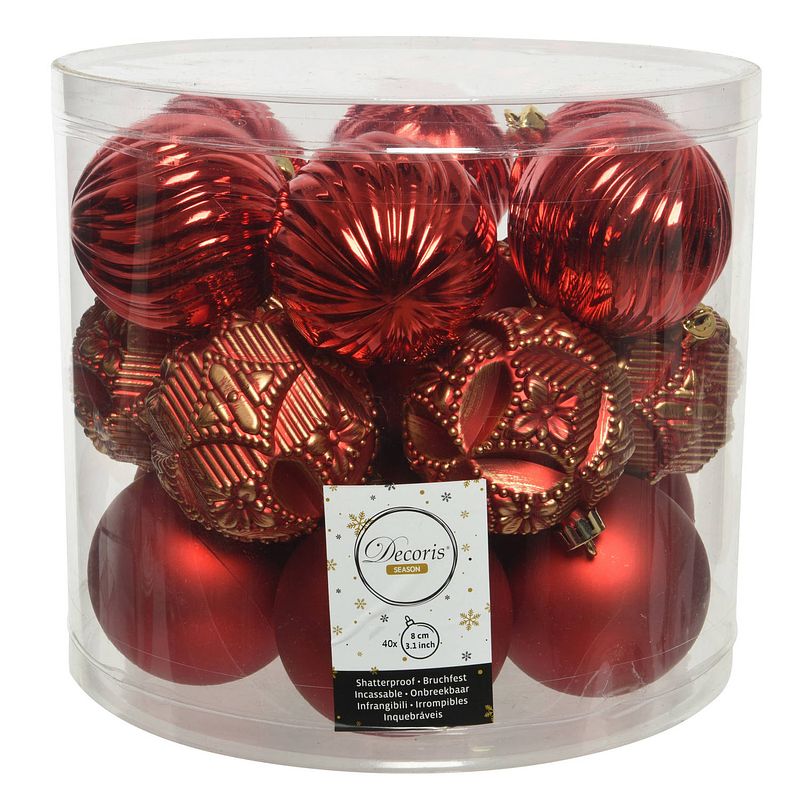 Foto van 40x stuks luxe kunststof kerstballen rood mix 8 cm - kerstbal